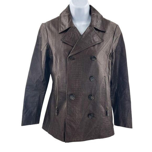 Vintage Michael Kors 100% Leather Crocodile Embossed Double Breasted Coat Jacket - Picture 1 of 8